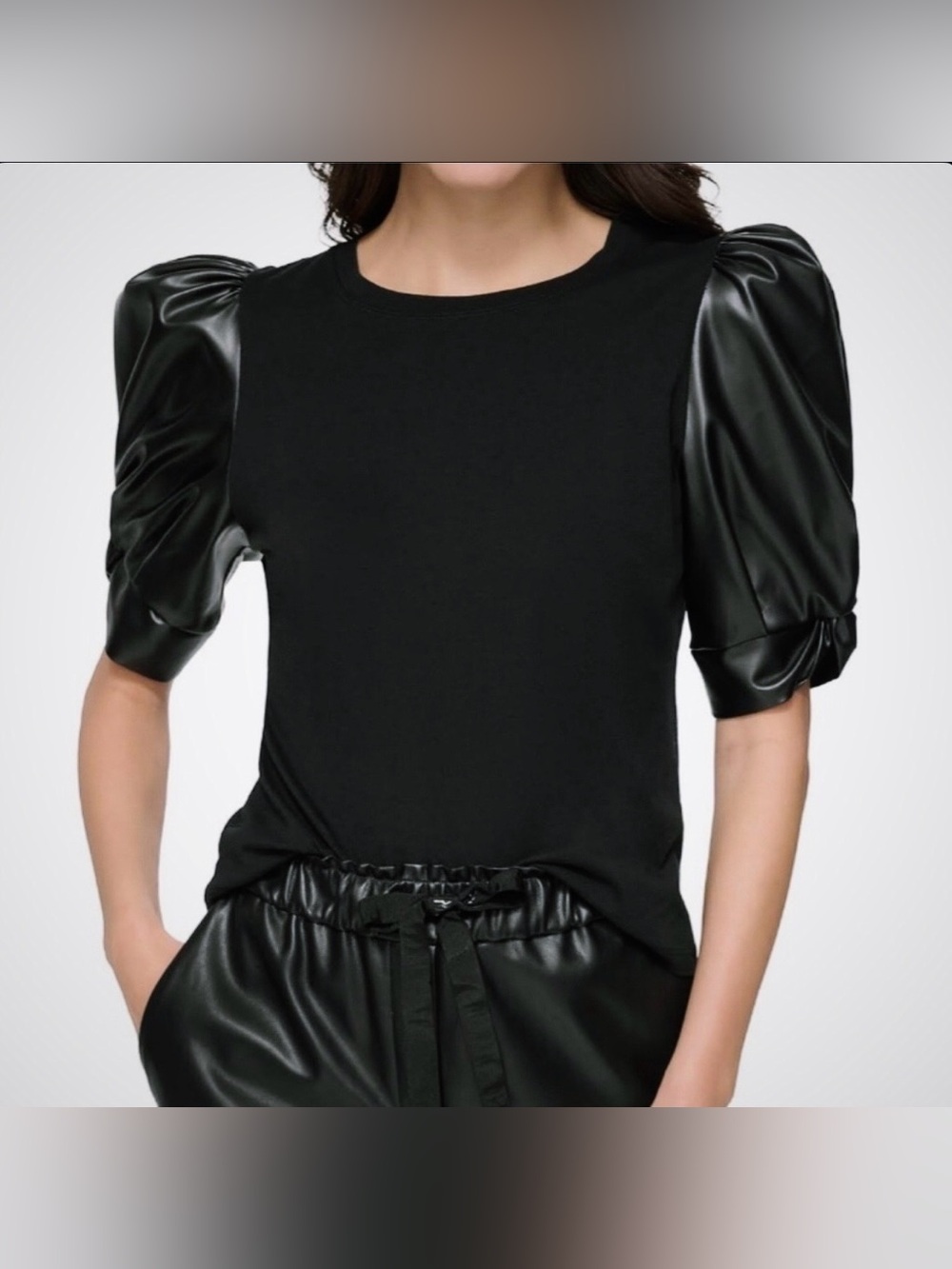 DKNY Black Puff-Sleeve Faux-Leather Top - Women's